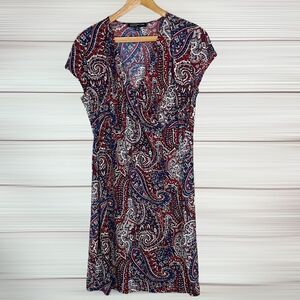 Jones New York Cap Sleeves Faux Wrap paisley print size L stretch knit dress